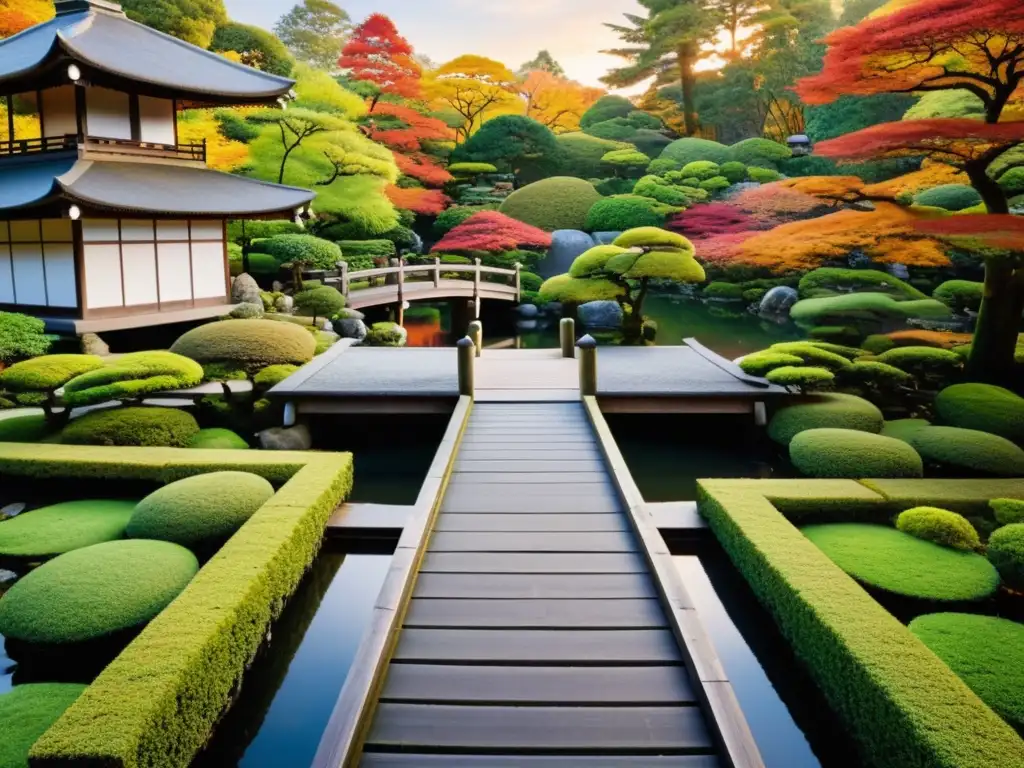 Jardín japonés con puente de madera sobre estanque, reflejando los colores otoñales