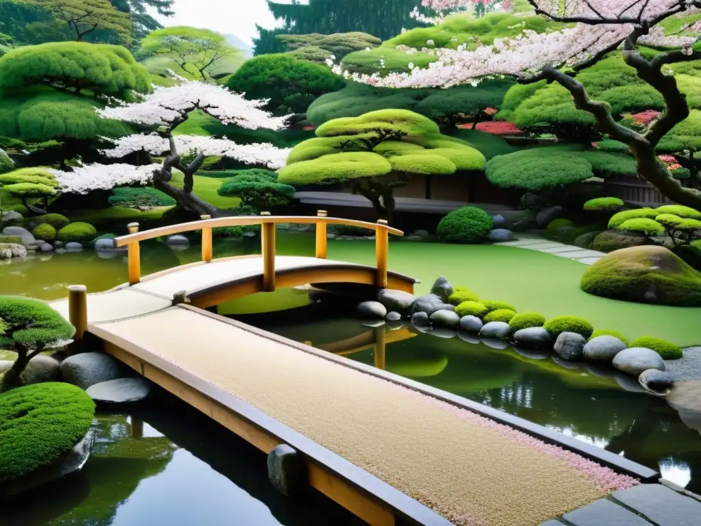 Jardín Zen japonés con puente de madera, casa de té, cerezos en flor y monje meditando