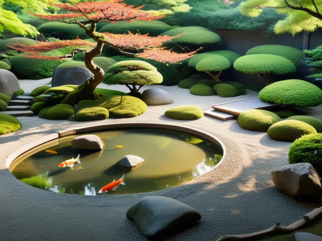 Jardín zen japonés con koi, rocas y árboles en flor