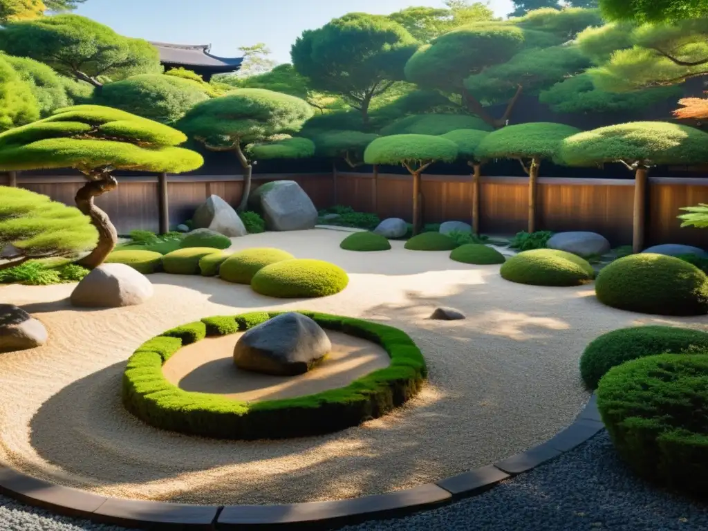 Un jardín zen japonés con rocas, árboles podados y un estanque de peces koi