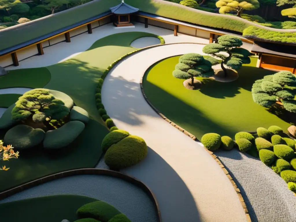 Un jardín zen japonés con rocas y árboles, rodeado por un templo y una cerca de madera