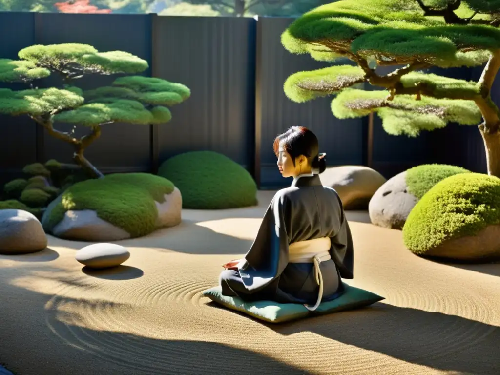 Jardín zen japonés con rocas, bonsáis y figura en meditación, evocando los beneficios de la meditación zen vacío