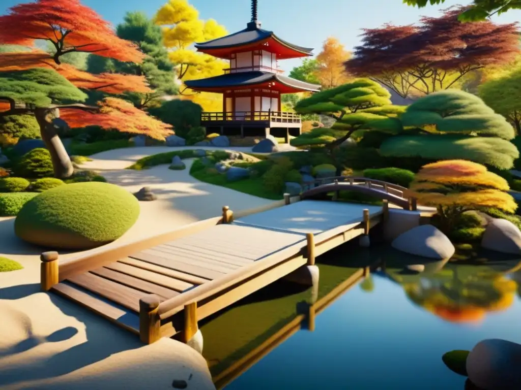 Jardín Zen japonés con rocas, estanque sereno, puente de madera y pagoda de piedra, rodeado de follaje otoñal