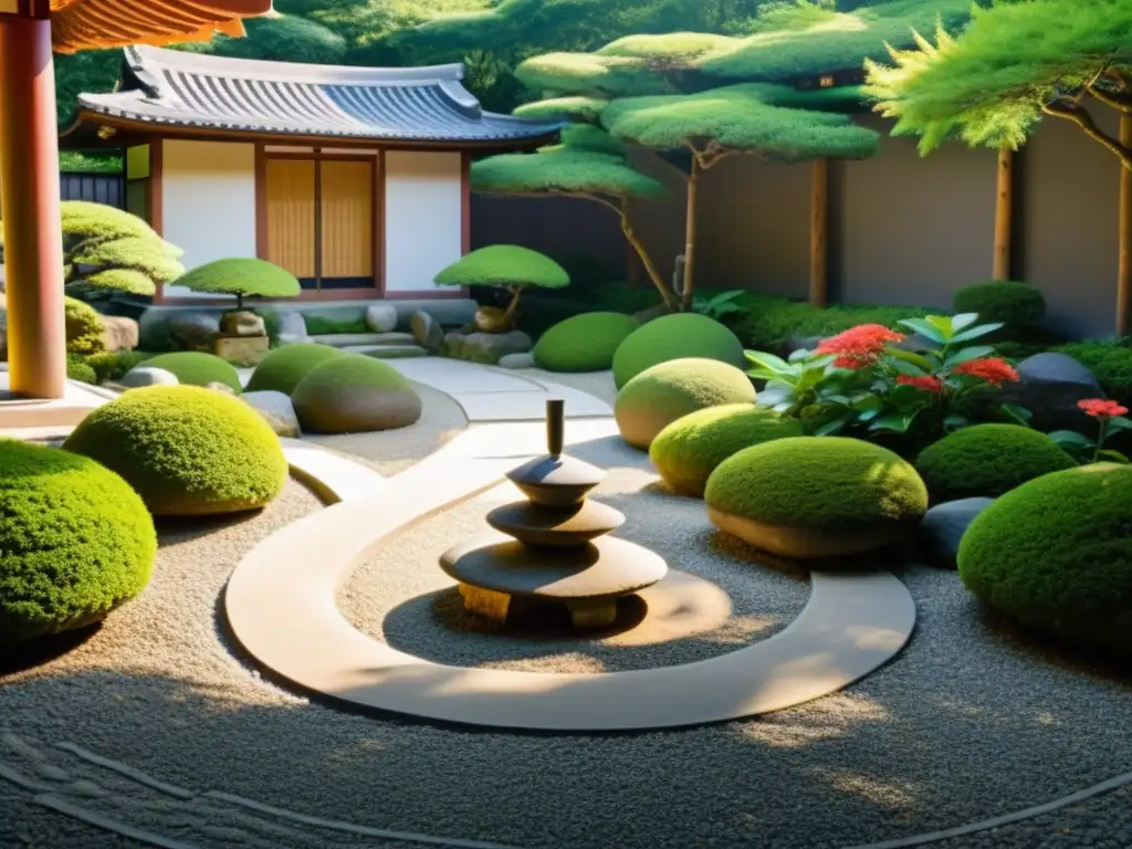 Jardín Zen japonés con rocas, vegetación exuberante y tranquilidad