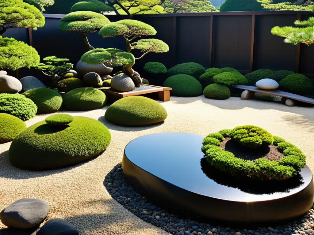 Un jardín zen japonés, con rocas, grava, bonsáis y luz filtrándose entre las hojas