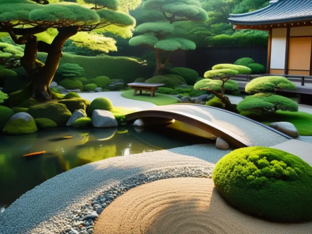 Jardín Zen japonés con rocas, puente y estanque, reflejando la filosofía oriental de interconexión de todas las cosas