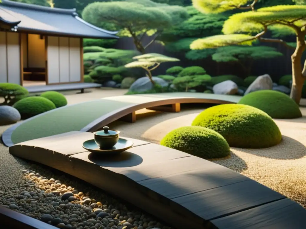 Un jardín japonés sereno con un ambiente tranquilo y equilibrado, rodeado de vegetación exuberante y una casa de té de madera tradicional al fondo