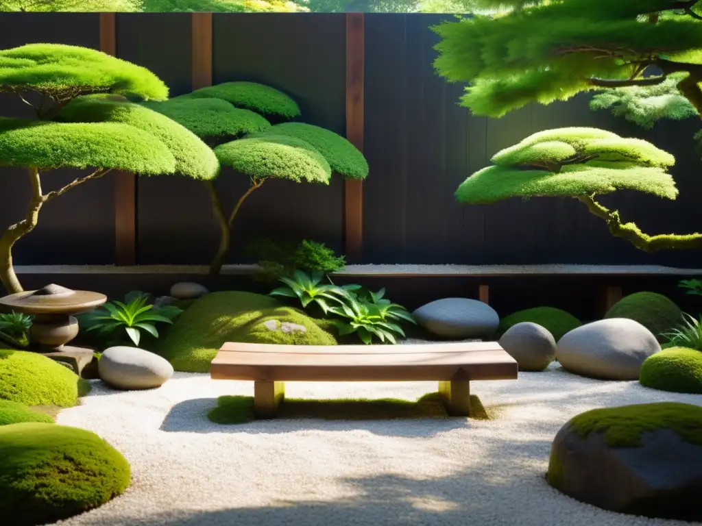 Jardín japonés sereno con antiguo dojo y exuberante vegetación, ideal para reflexión y contemplación