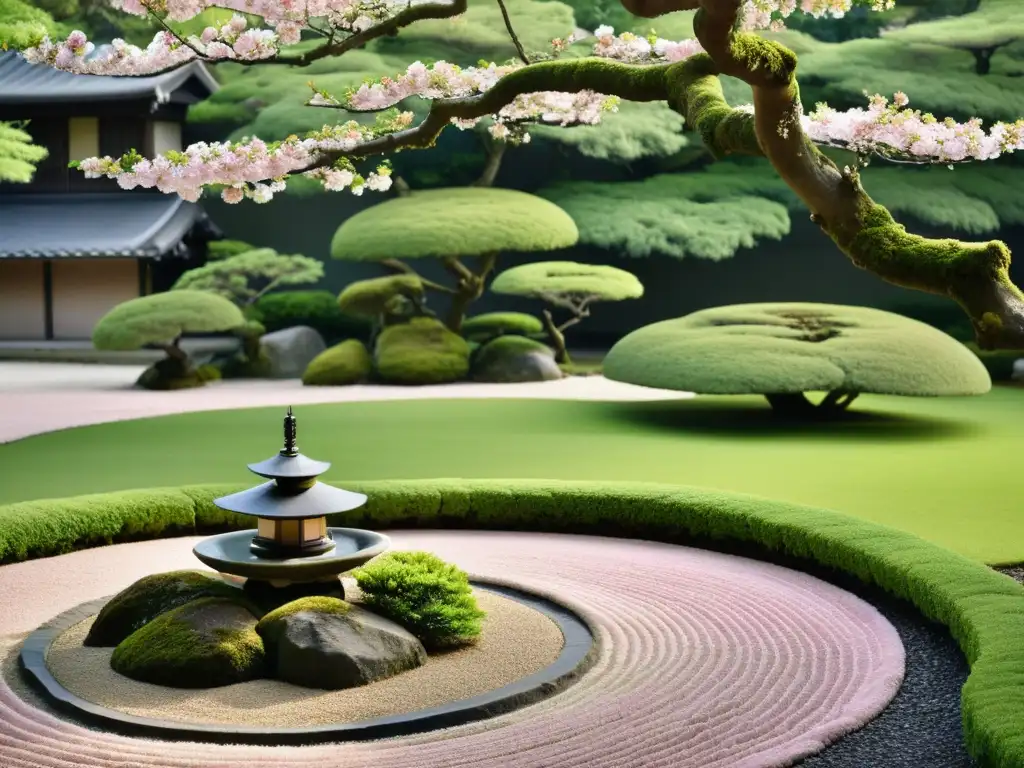 Un jardín japonés sereno con árbol de cerezo en flor y temas recurrentes poesía asiática