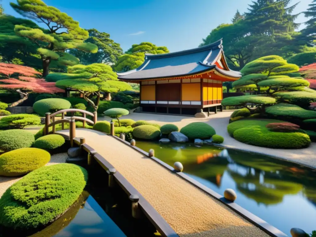 Un jardín japonés sereno con árboles podados y un puente de madera sobre un estanque