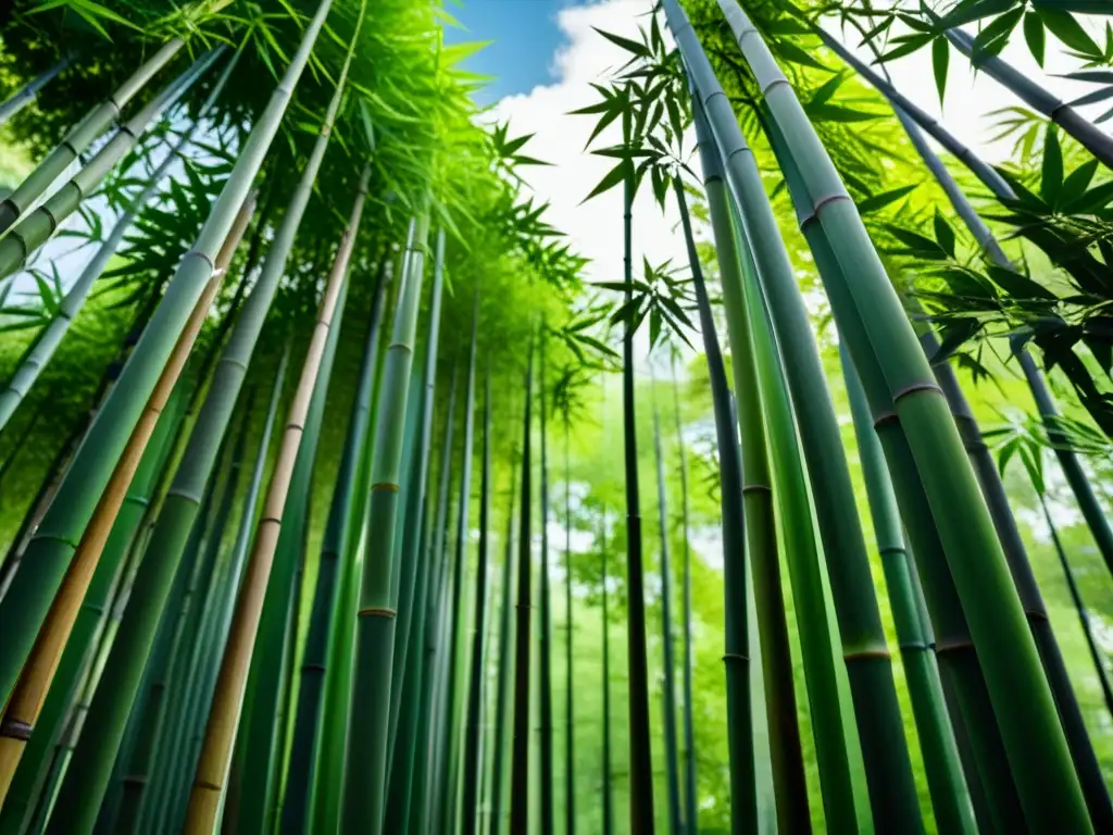 Un jardín japonés sereno con bambú verde exuberante, simbolizando el significado del bambú en Japón: fuerza y gracia ante la adversidad