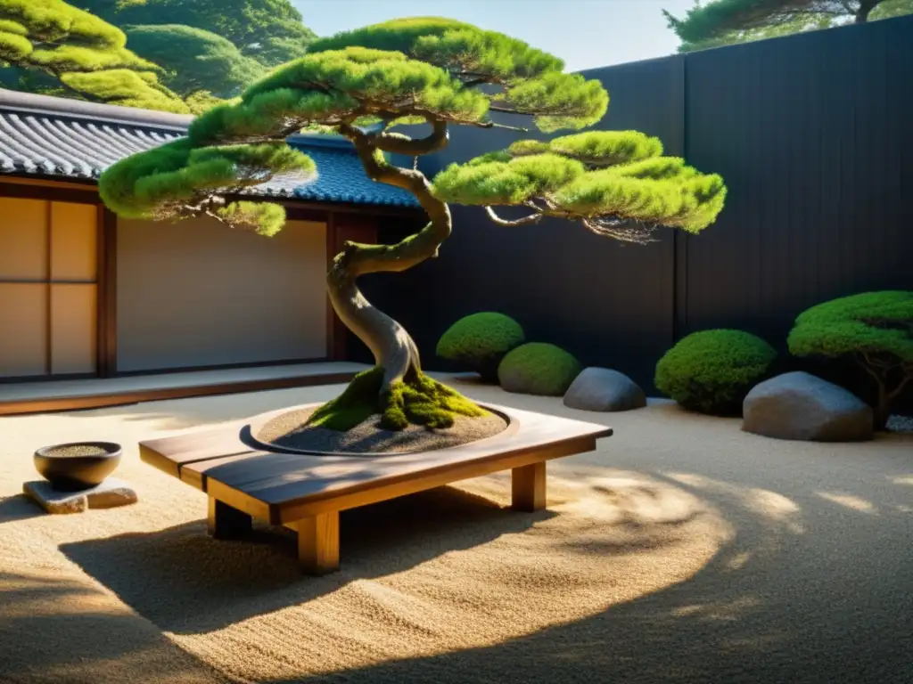 Un jardín japonés sereno con un bonsái y un banco de madera