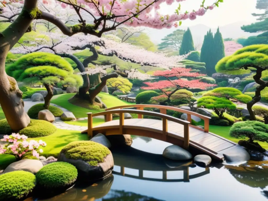 Jardín japonés sereno con bonsáis, arroyo, puente de madera y cerezos en flor