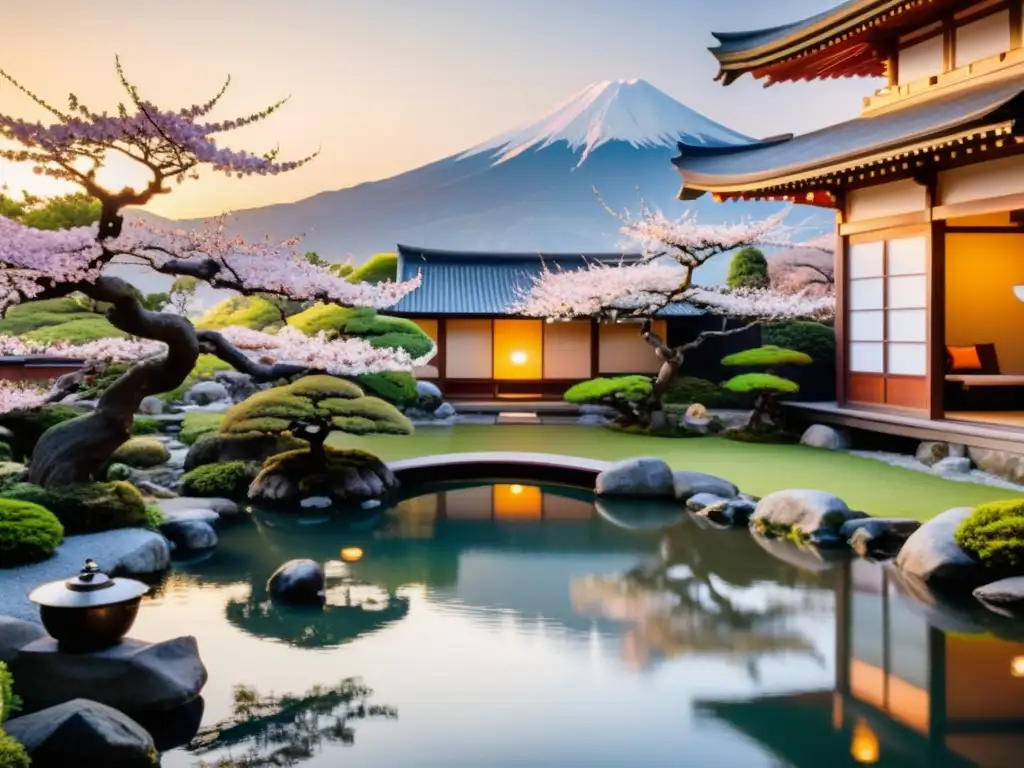 Un jardín japonés sereno con bonsáis, cerezos y un estanque de koi, rodeado de edificios de madera y montañas envueltas en neblina