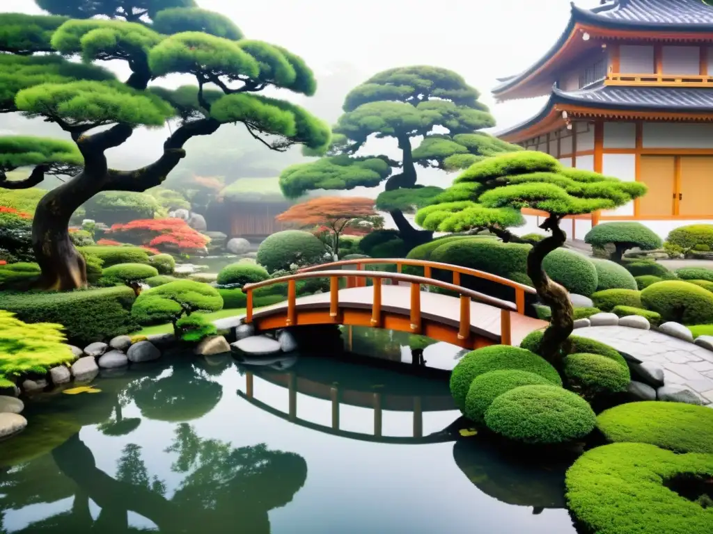 Un jardín japonés sereno con bonsáis, estanque de koi, puente de madera, rodeado de verdor y neblina, evocando la filosofía oriental y el ecologismo