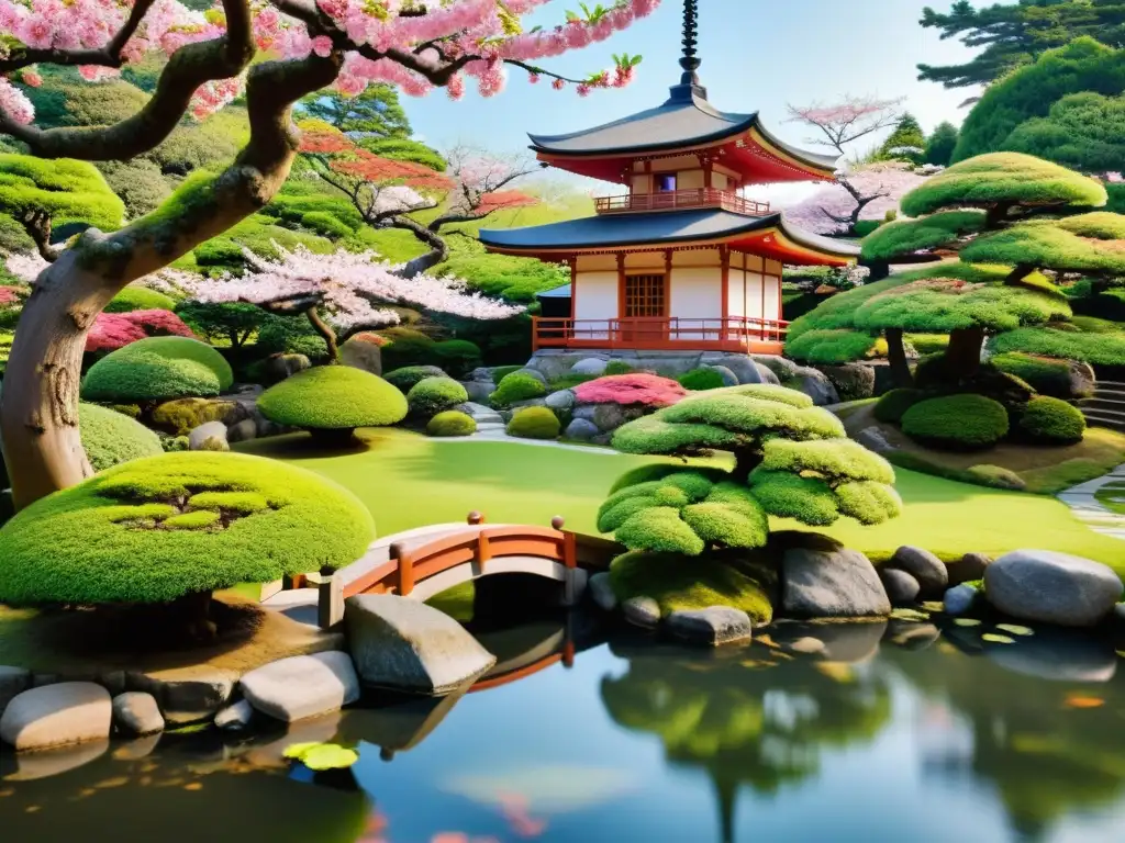 Un jardín japonés sereno con bonsáis, pagoda de madera y cerezos en flor