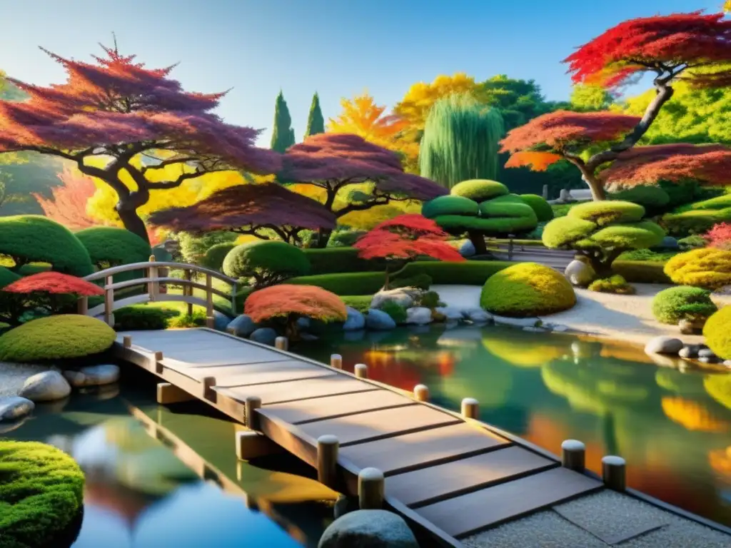 Un jardín japonés sereno con bonsáis, puente de madera y un estanque tranquilo, evocando lecciones de estilo minimalista asiático