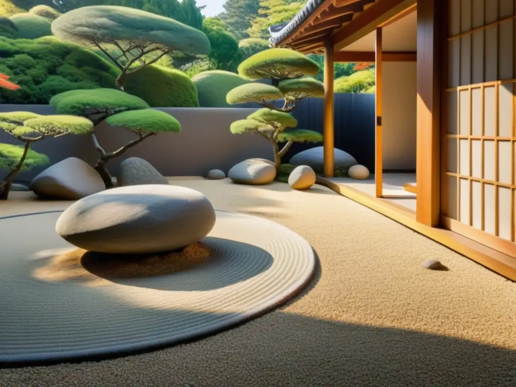 Un jardín japonés sereno con un buda rodeado de piedras