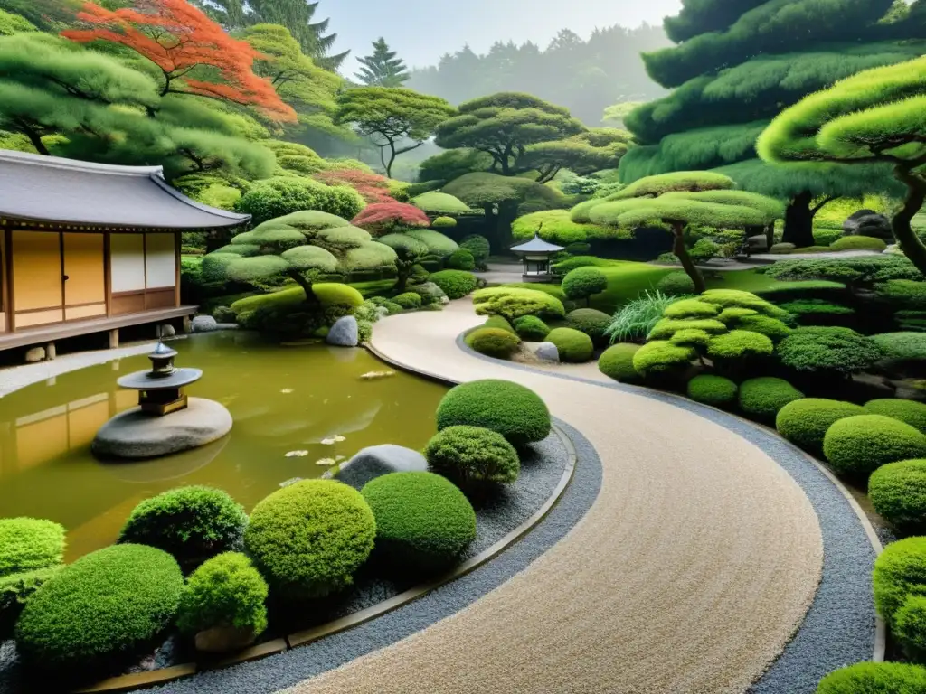 Un jardín japonés sereno con un camino de piedra y un refugio de té, evocando la visión del mundo en la poesía de Basho