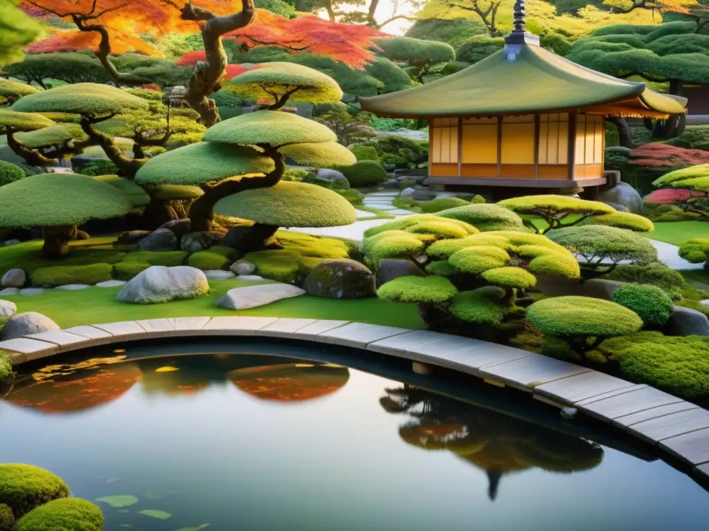 Un jardín japonés sereno con una casa de té de madera, bonsáis y un estanque de koi reflejando árboles de arce