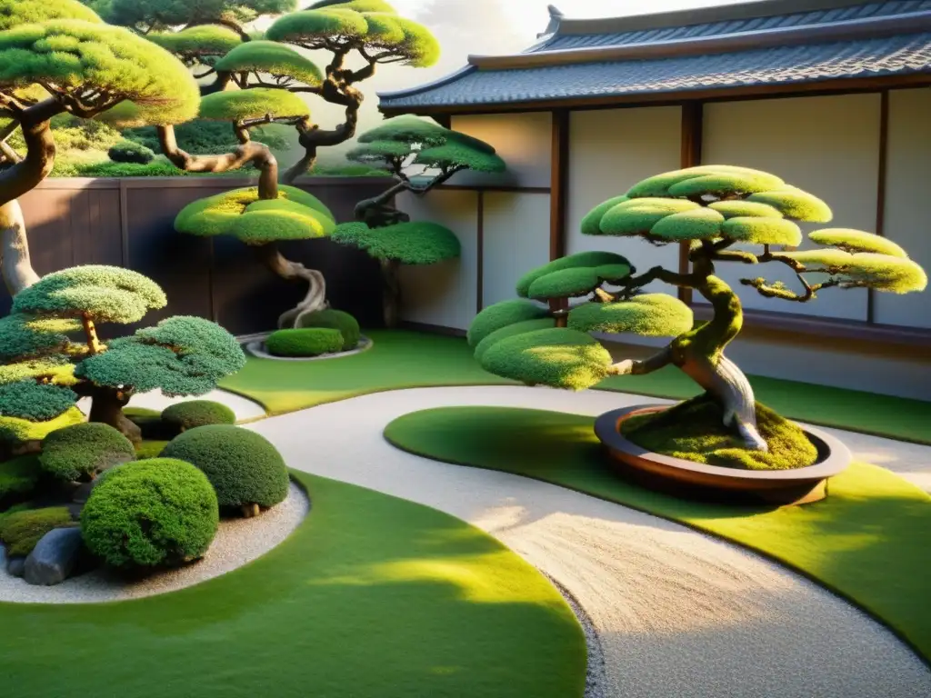 Un jardín japonés sereno con cuidados bonsáis en formas variadas