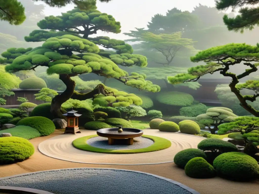 Un jardín japonés sereno al amanecer con diseño minimalista asiático y una figura en kimono