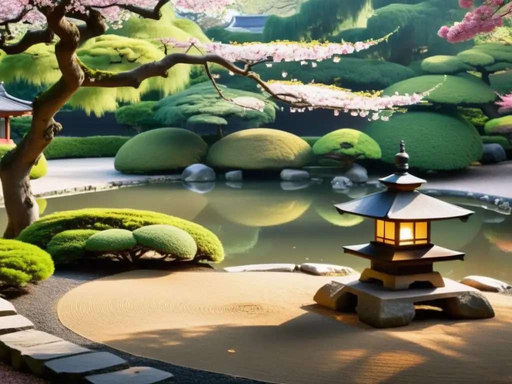 Jardín japonés sereno con samurái contemplativo Un jardín japonés sereno con espiritualidad samurái en campo batalla