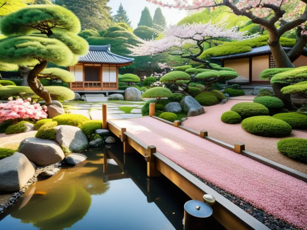 Un jardín japonés sereno con un estanque, puente de madera y árboles en flor