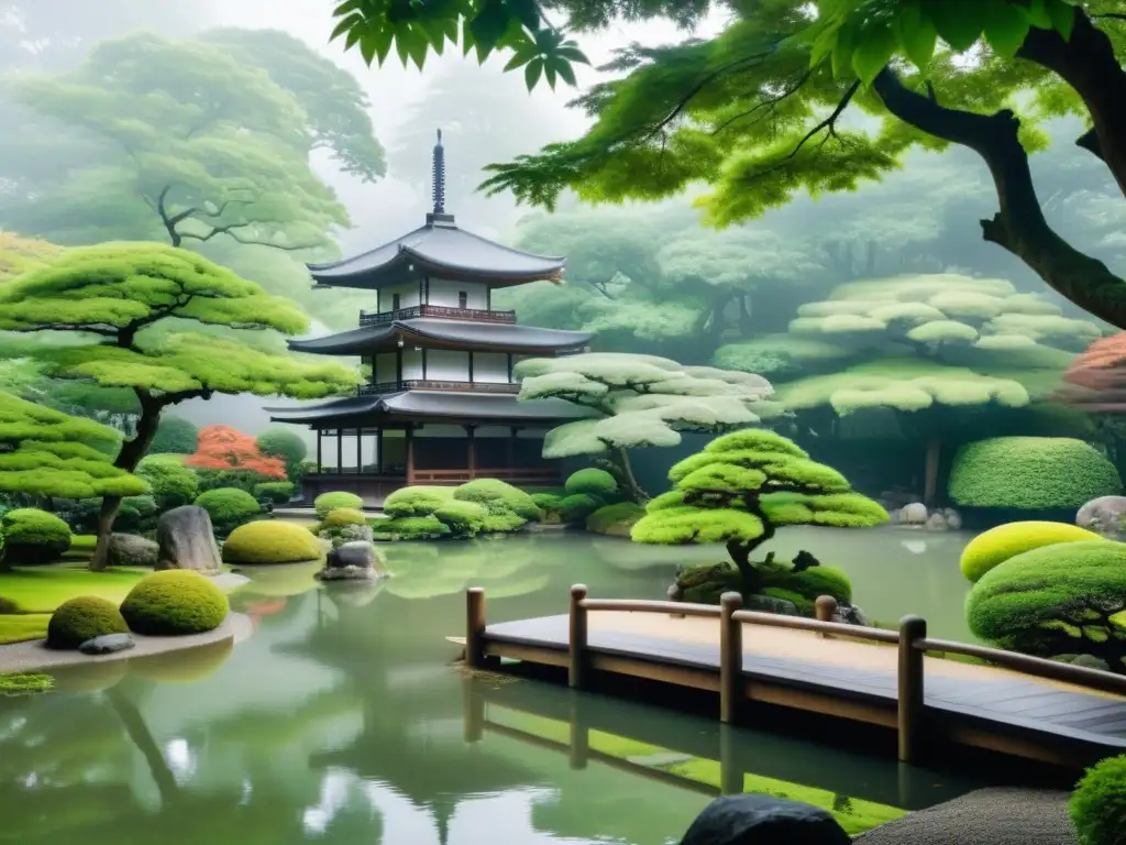 Un jardín japonés sereno con un estanque tranquilo, árboles verdes vibrantes y una pagoda de madera, aplicando filosofía oriental