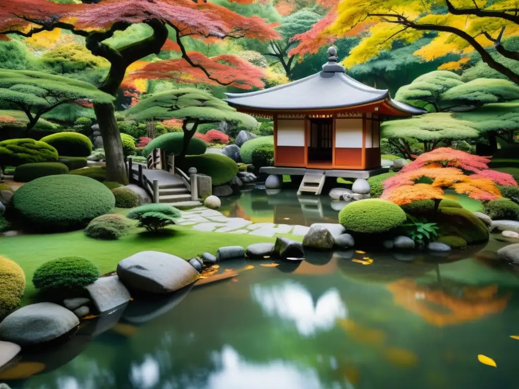 Un jardín japonés sereno con exuberante vegetación, estanque tranquilo y faroles de piedra tradicionales, rodeado de follaje otoñal vibrante