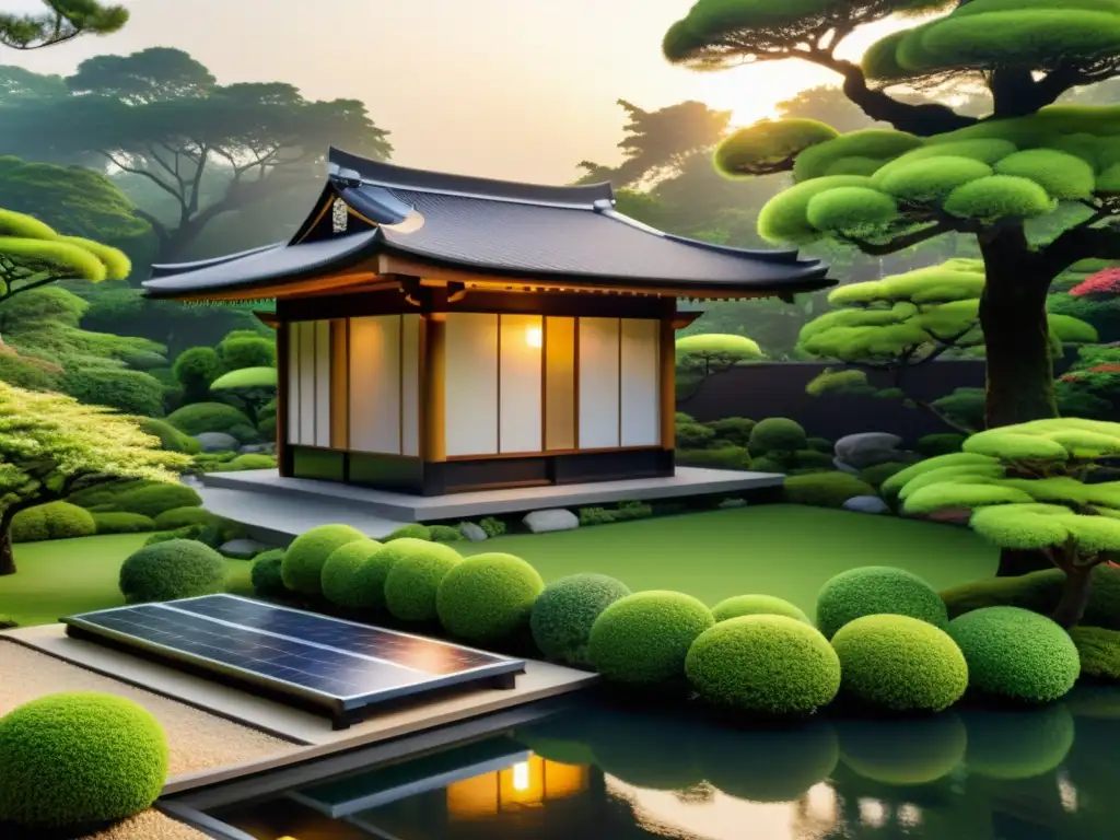 Un jardín japonés sereno y exuberante con un panel solar de estilo pagoda, fusionando tecnología ecológica con estética asiática