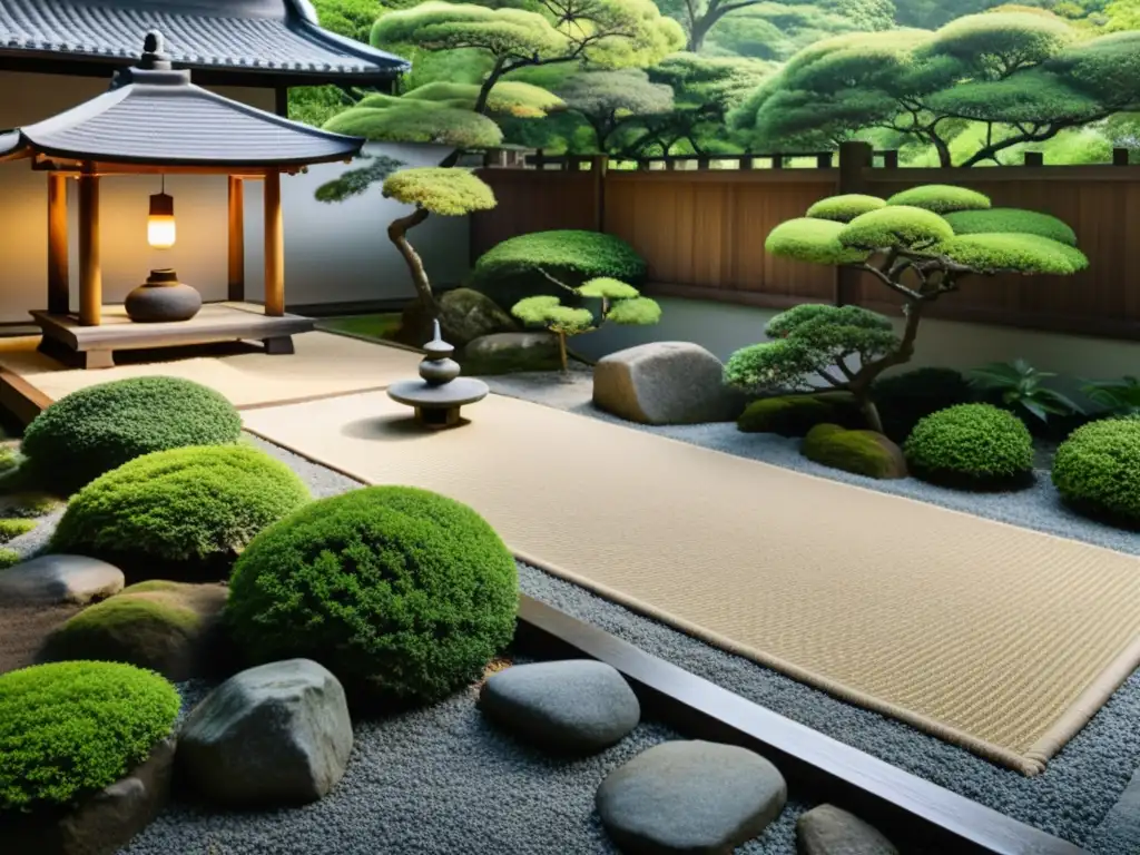 Un jardín japonés sereno con gravilla cuidadosamente rastrillada, rodeado de exuberante vegetación y una valla de madera tradicional