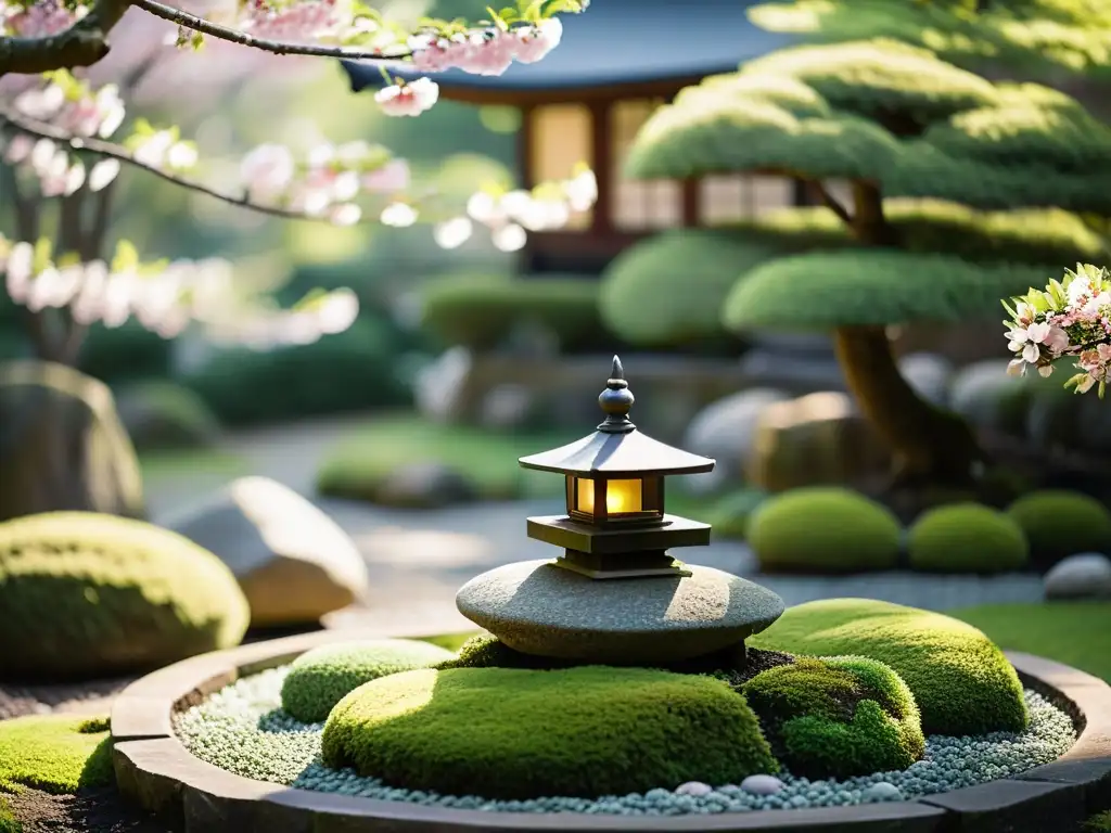 Un jardín japonés sereno con una linterna de piedra rodeada de musgo, piedras y vegetación