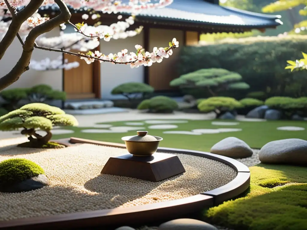 Jardín japonés sereno con bonsáis, casa de té y luz solar entre los cerezos