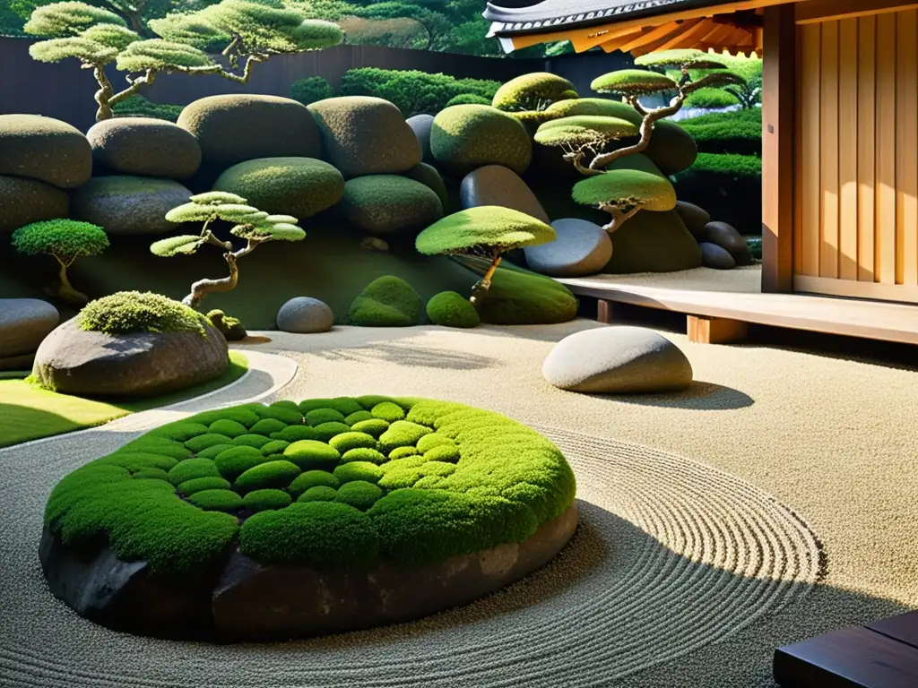 Un jardín japonés sereno y meticuloso, con patrones perfectos en la grava, rocas cuidadosamente colocadas y musgosas