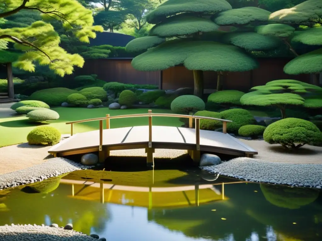 Un jardín japonés sereno y minimalista con un estanque, rocas y un puente de madera