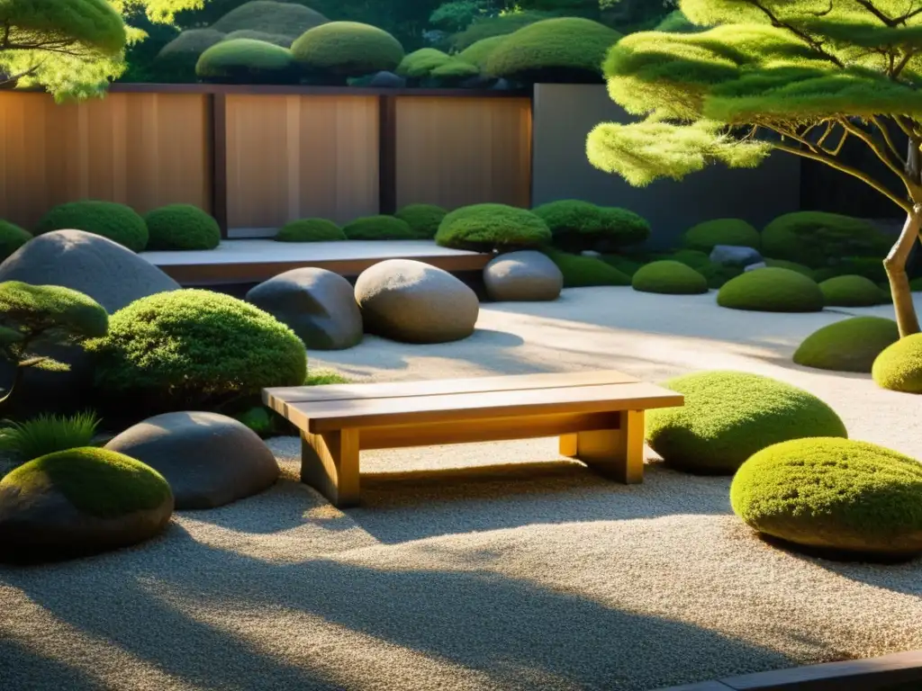 Un jardín zen japonés sereno y minimalista con grava cuidadosamente rastrillada, rocas cubiertas de musgo y una atmósfera de tranquilidad