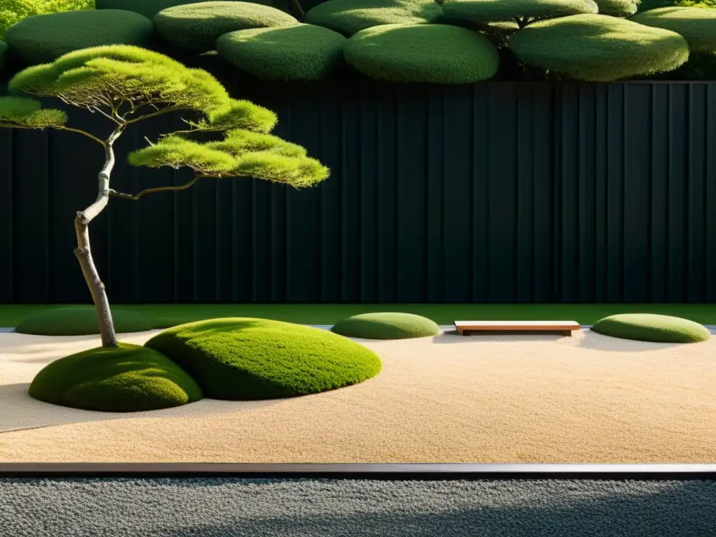 Un jardín japonés sereno y minimalista con gravilla, musgo, árboles podados y vegetación exuberante