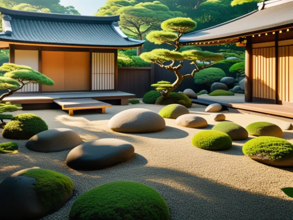 Un jardín zen japonés sereno y minimalista con rocas y vegetación exuberante