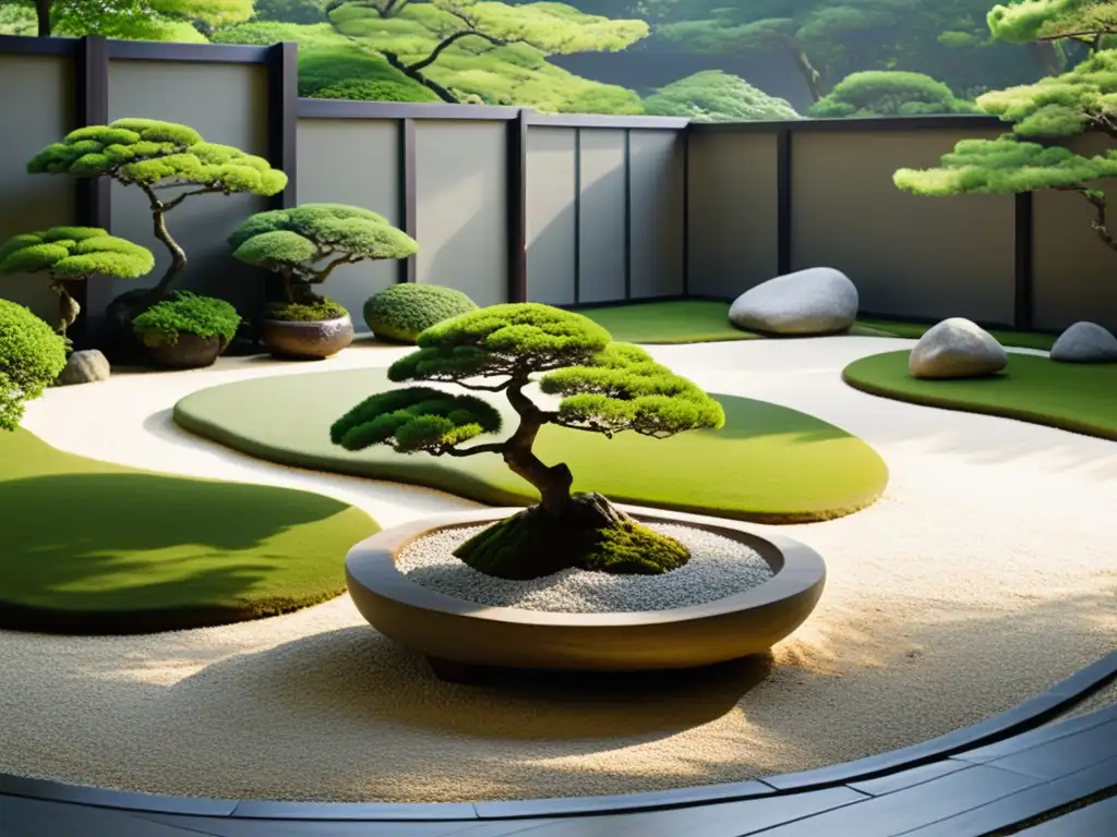 Un jardín japonés sereno y minimalista con rocas grandes perfectamente colocadas y bonsáis podados, rodeado de vegetación exuberante