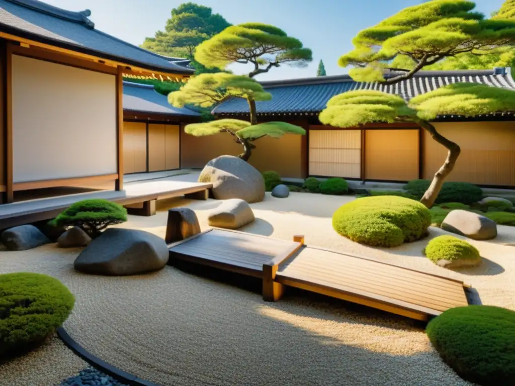 Un jardín japonés sereno y minimalista rodeado de arquitectura tradicional, reflejando los principios Zen en arquitectura japonesa