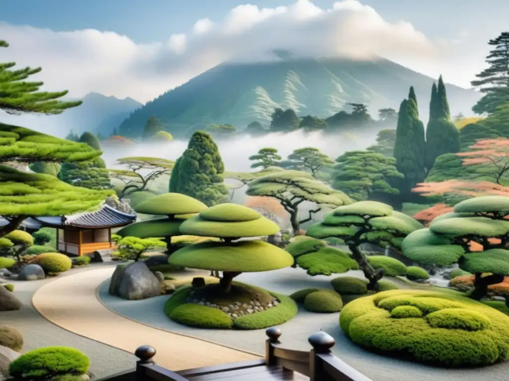 Jardín japonés sereno con bonsáis, casa de té y montañas en la neblina