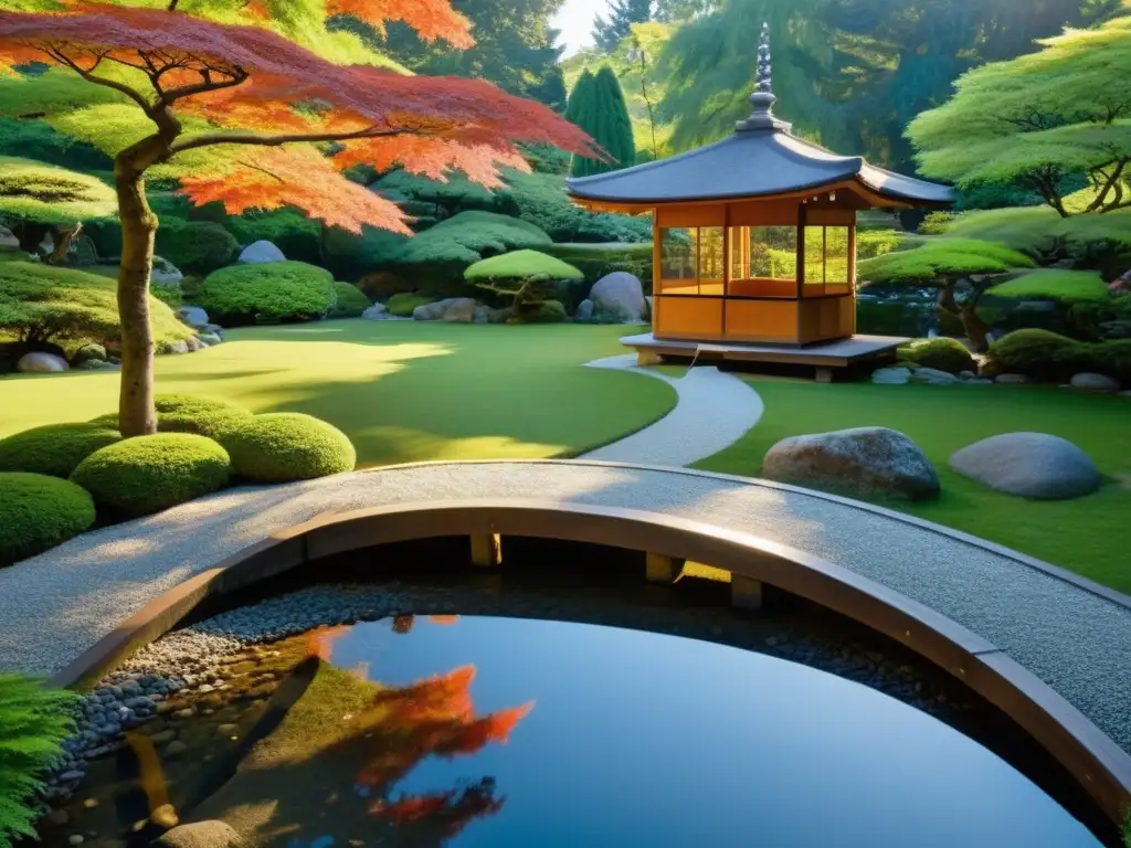 Un jardín japonés sereno con un paisaje equilibrado, un teahouse y arces vibrantes