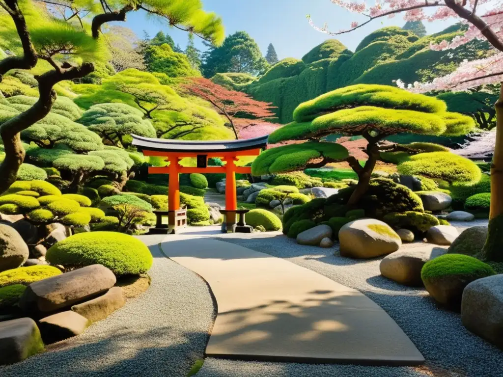 Jardín japonés sereno con patrones de grava, piedras cubiertas de musgo, arroyo y torii de madera