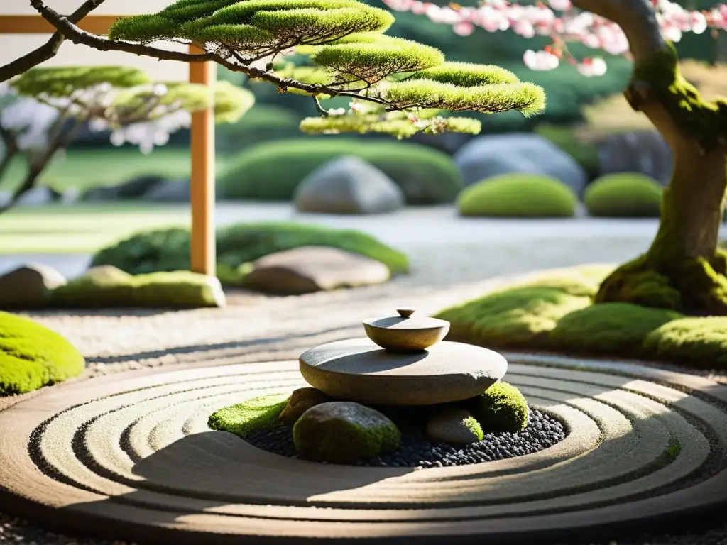 Un jardín japonés sereno con piedras, musgo y una linterna, bajo la sombra de un cerezo en flor