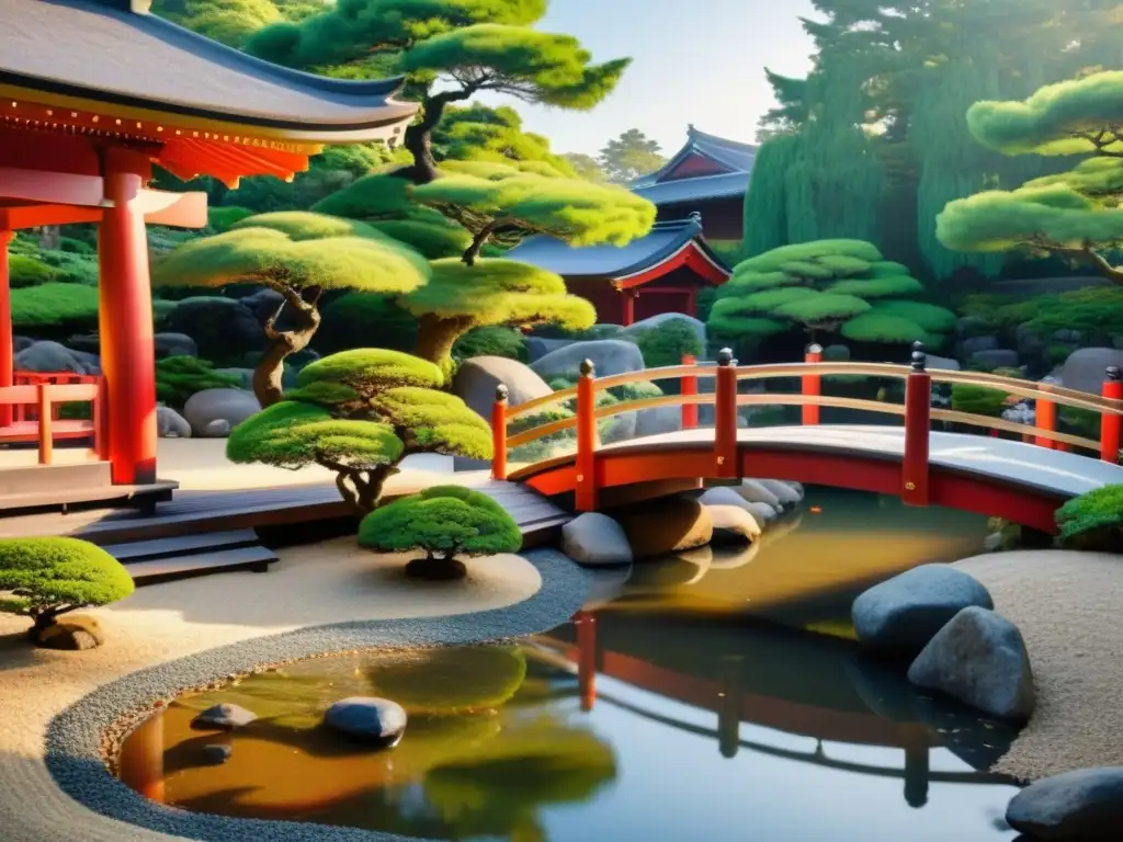 Un jardín zen japonés sereno y pintoresco con un estanque tranquilo, rocas y vegetación, rodeado de estructuras de madera tradicionales y un puente rojo vibrante