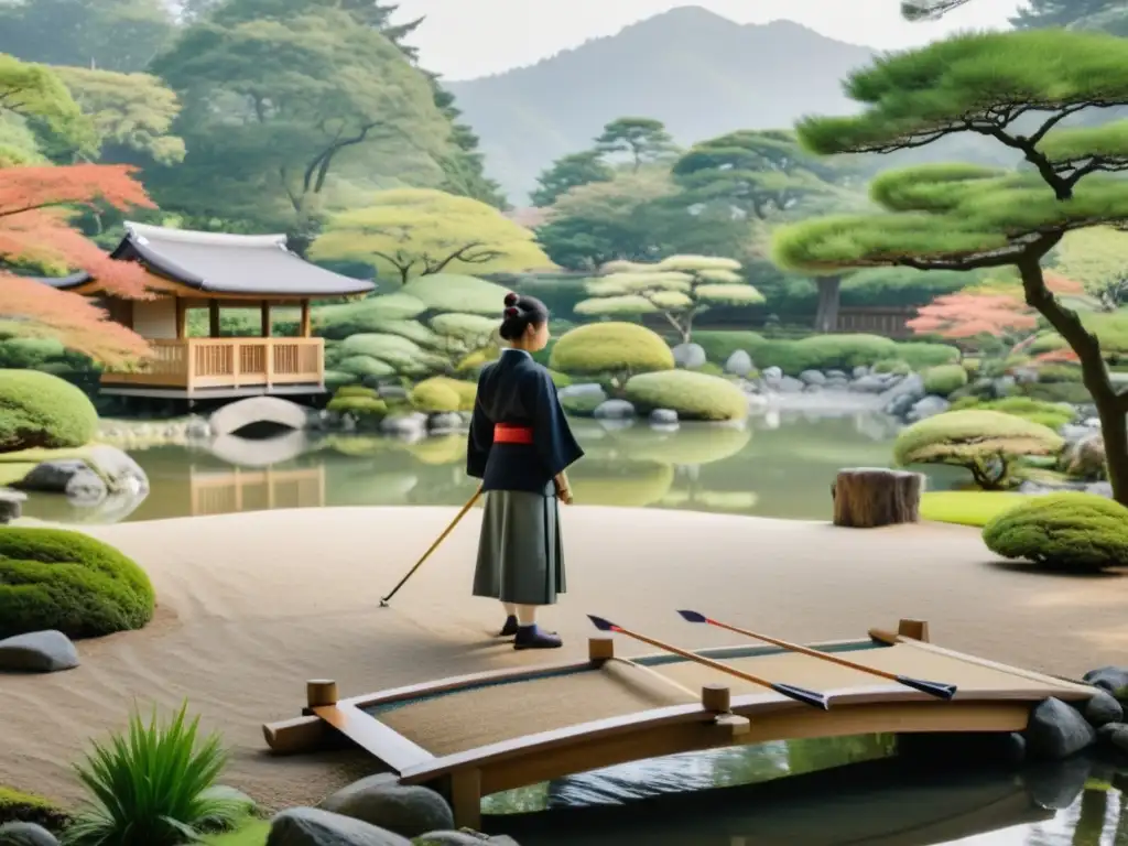 Un jardín japonés sereno con práctica de Kyudo en el fondo, reflejando la disciplina y la filosofía del Kyudo Japonés