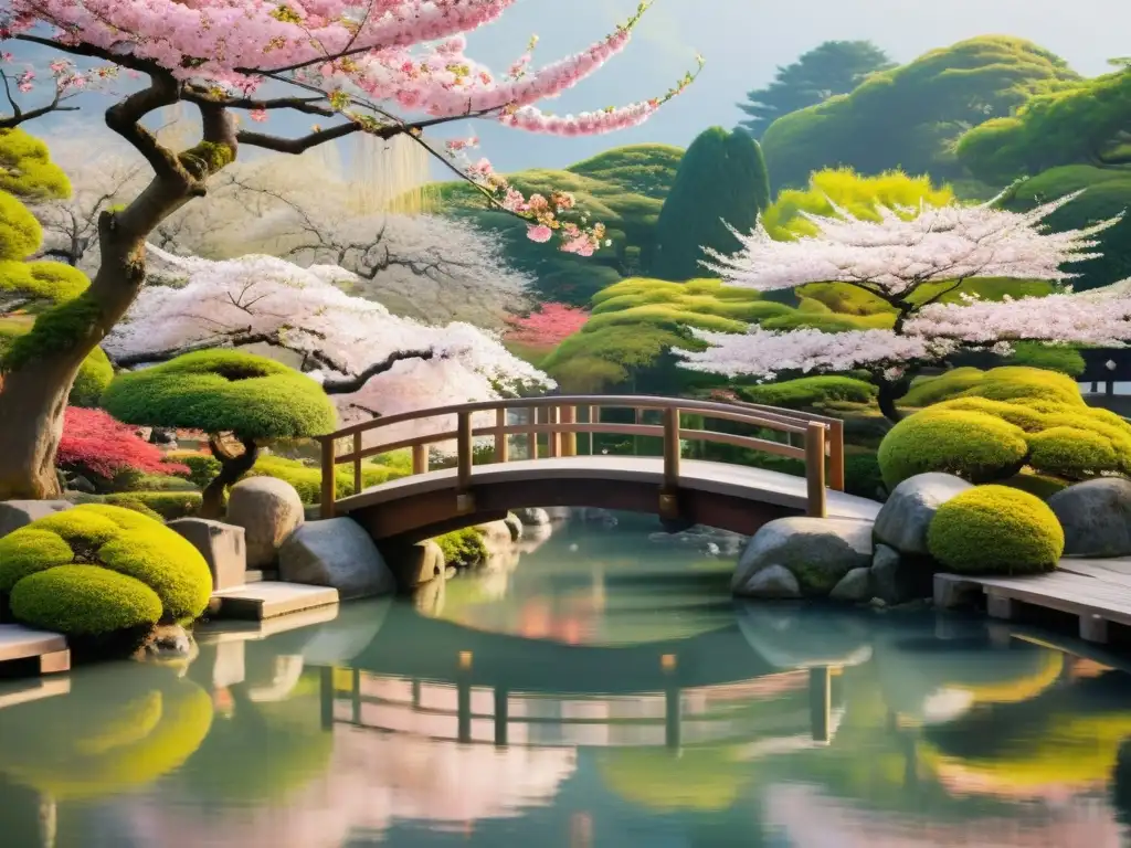 Un jardín japonés sereno con un puente de madera, rodeado de cerezos en flor y una figura contemplativa