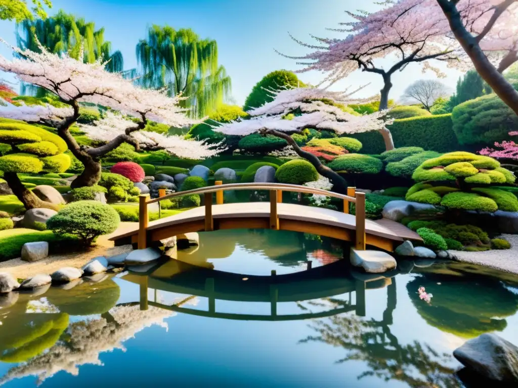 Un jardín japonés sereno con un puente de madera tradicional sobre un estanque tranquilo, rodeado de vibrantes árboles de cerezo en plena floración