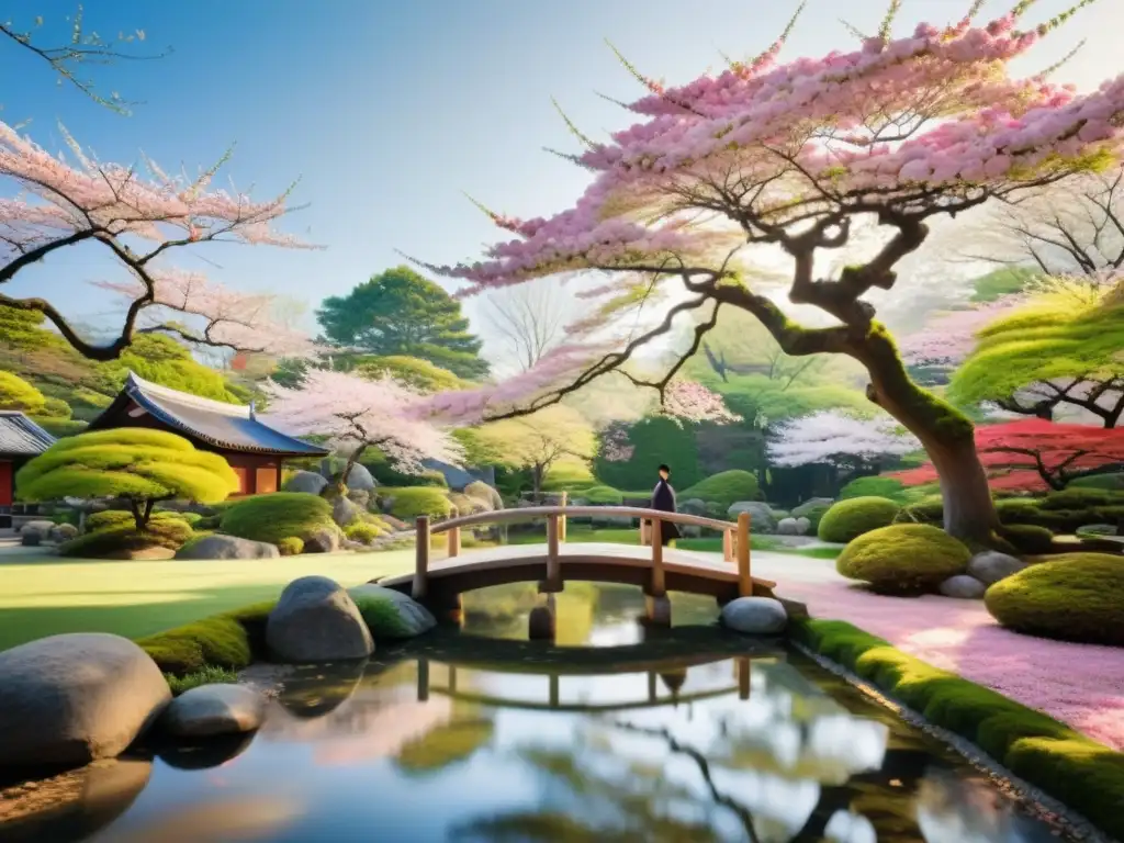 Un jardín japonés sereno con un puente de madera, árboles de cerezo en flor y una figura practicando meditación